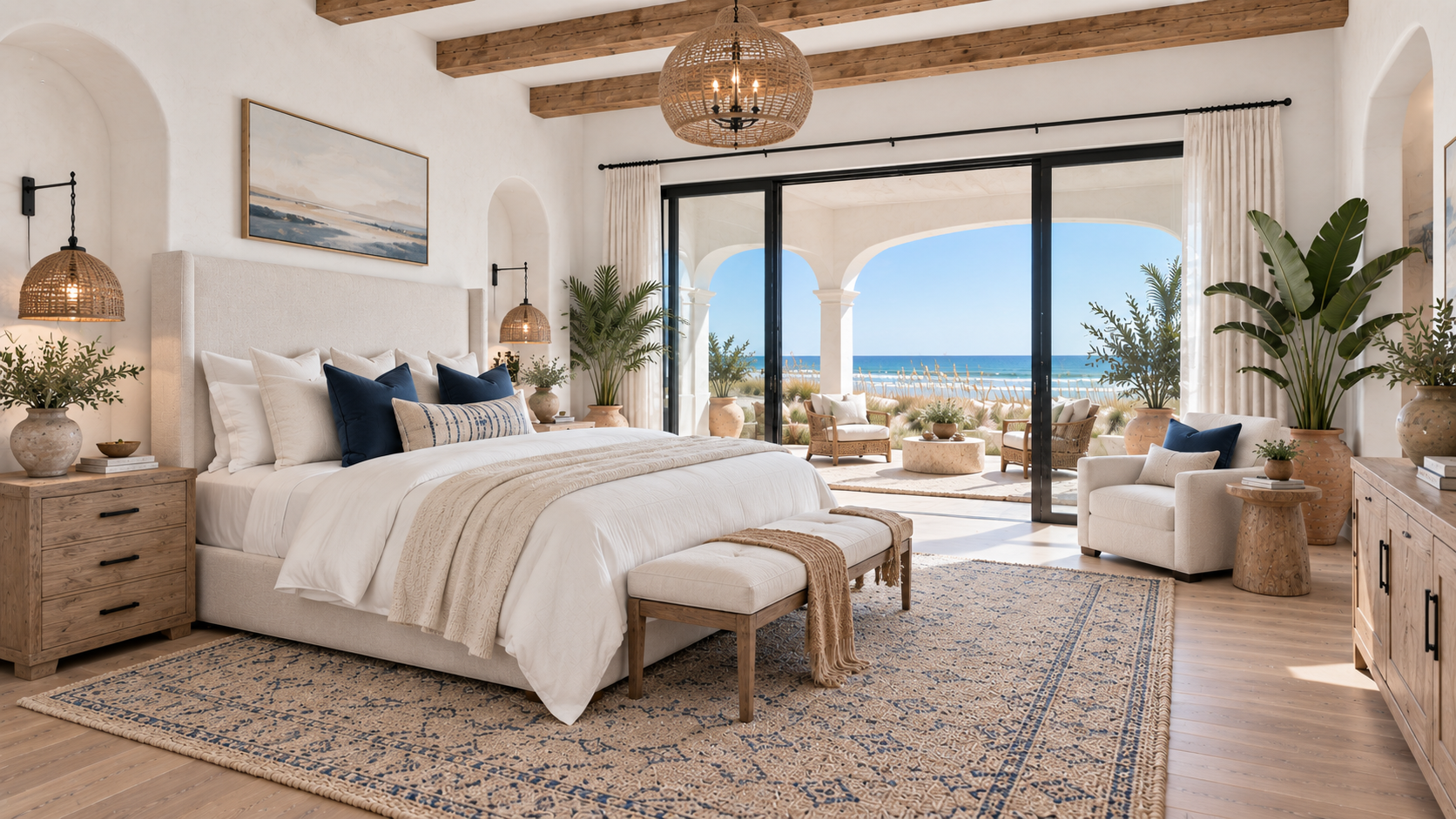 Sunlit coastal bedroom overlooking the ocean