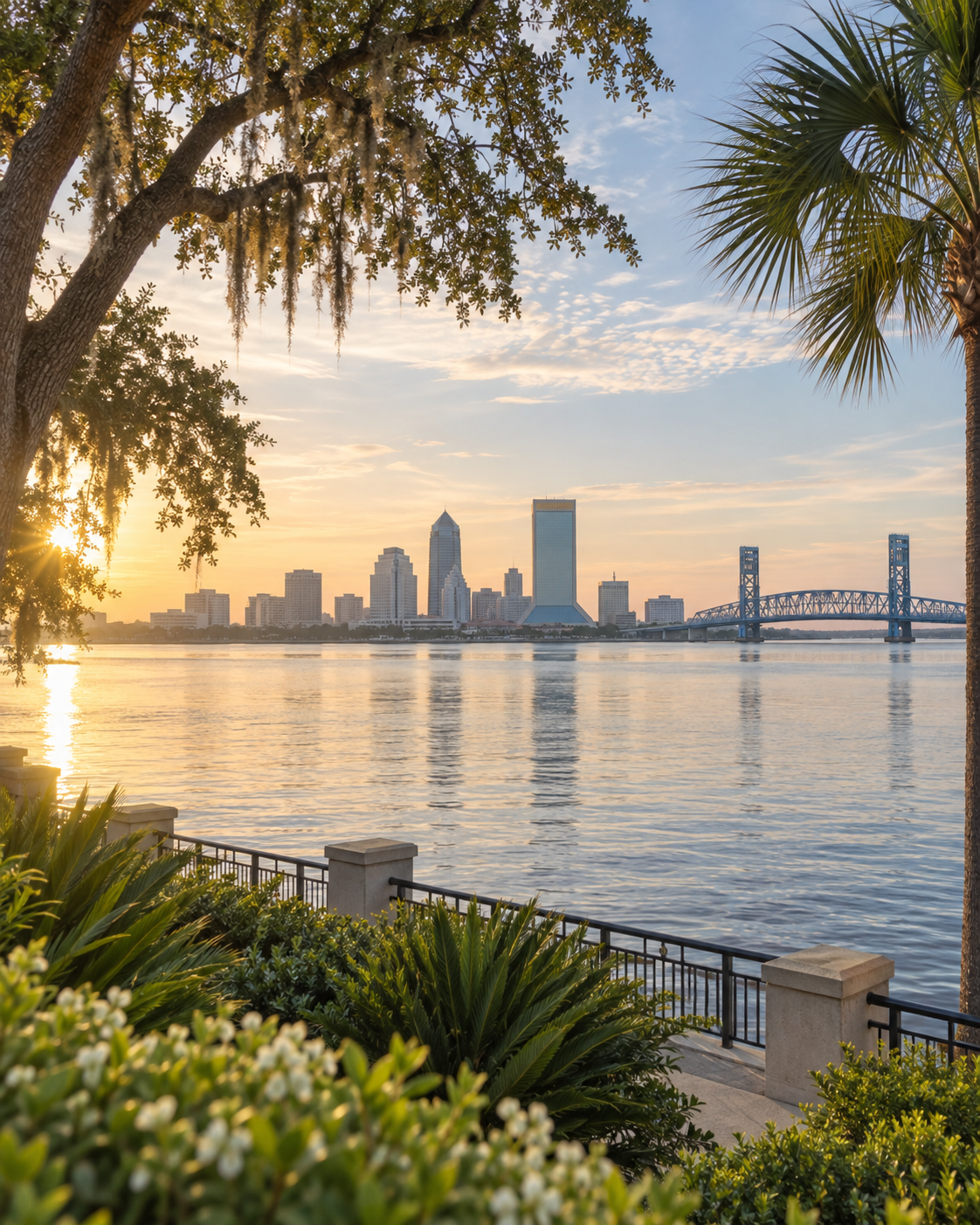 Jacksonville skyline and riverfront at sunrise
